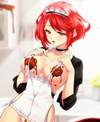 1girls alternate_costume apron bangs blurry blush breasts chocolate chocolate_covered chocolate_on_body collar commentary commentary_request english_commentary esther_(artist) eyebrows_visible_through_hair female hair_ornament headpiece indoors kitchen large_breasts looking_at_viewer maid maid_apron maid_dress maid_headdress nintendo nude open_mouth pyra red_eyes red_hair short_hair solo swept_bangs tiara xenoblade_(series) xenoblade_chronicles_2