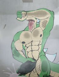 absurd_res anthro balls big_penis bodily_fluids crocodile crocodilian crocodylid cum erection genital_fluids genitals green_body hi_res humanoid humanoid_genitalia humanoid_penis looking_pleasured male masturbation muscular muscular_anthro muscular_male nipples nude open_mouth orgasm pecs penile penis reptile saliva scalie shower solo tail therot0 tongue tongue_out vein veiny_penis