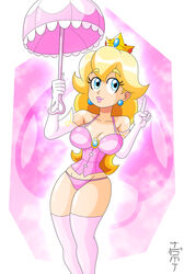 1girls blonde_hair blue_eyes breasts cleavage corset elbow_gloves female female_only gloves long_hair mario_(series) nintendo panties pink pink_background pink_panties princess princess_peach smile solo standing thighhighs thomi umbrella underwear