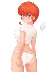 1girls ass blue_eyes butt_crack clothing female geraldjess1 large_breasts looking_at_viewer looking_back panties panty_pull ranma-chan ranma_1/2 ranma_saotome red_hair shirt small_breasts solo white_panties