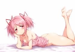 1girls ai_generated ass ass blush breasts feet fruitstealer hair hair_ribbon highres leaning_on_elbow legs legs_up looking_at_viewer lying lying_on_bed lying_on_stomach madoka_kaname mahou_shoujo_madoka_magica no_panties on_bed on_stomach petite pink_eyes pink_shirt puella_magi_madoka_magica red_ribbon ribbon simple_background small_breasts solo solo_female strap_slip thighs twintails twintails white_background young