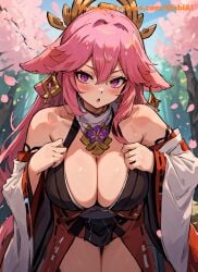 :o ai_generated animal_ears bangs bare_shoulders blush breasts cherry_blossom cleavage clothing detached_sleeves earrings eyebrows_visible_through_hair female female_only fox_ears genshin_impact hair_between_eyes hair_ornament jewelry kimono large_breasts leaning_forward long_hair long_sleeves looking_at_viewer mabi_ai miko open_mouth outdoors parted_lips petals pink_hair purple_eyes robe skirt solo thighs tree very_long_hair wafuku wide_sleeves yae_miko