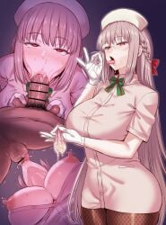 1boy :>= balls bangs bar_censor blush bow bowtie braid breasts censored draining_balls dress eyebrows_visible_through_hair fate/grand_order fate_(series) fellatio fellatio_gesture female fishnet_legwear fishnets florence_nightingale_(fate) florence_nightingale_(santa)_(fate) glasses gloves grabbing_balls handjob hat highres male male_pubic_hair nipples nurse nurse_cap open_mouth oral pantyhose penis pov pov_male pubic_hair straight stray_pubic_hair sucking_penis testicles tongue tongue_out used_condom white_gloves zhen_lu
