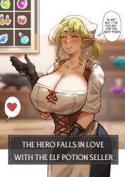 blonde_hair blush clothed cyoa dialogue elf eyes_closed female_elf globining gloves hair_drills large_breasts lilillyiel milf potion potions rpg short_hair tied_hair voluptuous voluptuous_female