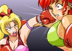 2girls ayane's_high_kick ayane_mitsui belly belly_punch big_breasts blonde_hair colored doujin doujinshi female female_focus female_only fist large_boobs large_breasts multiple_girls red_eyes red_hair ryona sakurako_miyagawa