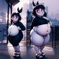 2girls adult_swim ai_generated bbw big_belly blush city city_background creepy_susie goth goth_girl obese outgrowing_clothes platform_sandals shortstack sweat sweating the_oblongs thick_thighs torn_clothes wardrobe_malfunction