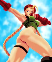 1girls ass blonde_hair blue_eyes braided_hair cammy_white capcom eddieholly female female_only green_leotard leotard light-skinned_female medium_breasts solo solo_female street_fighter thighs