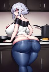 1girls ai_generated annoyed ass blush butt_crack civitai cleavage denim denim_jeans eonsang_(style) female huge_ass huge_breasts kitchen looking_at_viewer mature_female midriff milf muffin_top off_shoulder original red_eyes self_upload shirt short_hair simple_background skindentation thick_thighs white_hair white_shirt wide_hips