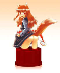 1girls animal_ears apple apples ass blush brown_hair clothing cute_fang food fruit holding holding_apple holding_fruit holo long_hair no_panties pixiv_bottlecap red_eyes skirt skirt_lift spice_and_wolf tail tooyama_hirohito wolf_ears