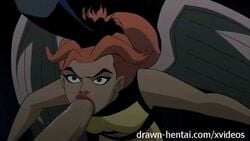 animated batman batman_(series) dc dcau fellatio female green_eyes hawkgirl hawkman_(series) human justice_league large_penis male oral orange_hair penis sex straight wings zone