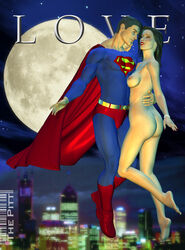 1boy 1girls 3d arms ass black_hair breasts cape city clothed_male clothed_male_nude_female dc_comics duo earrings female flying full_moon hands human kryptonian legs lips lipstick lois_lane long_hair male moon night nipples nude nude_female short_hair smile straight superhero superman superman_(series) teeth the_pitt