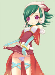 children_of_mana green_hair lowleg lowleg_panties minitesu panties pink_eyes seiken_densetsu seiken_densetsu_ds shirt_lift short_hair skirt skirt_lift striped striped_panties tamber tumble underwear