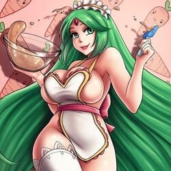 1girls apron big_breasts breast cleavage curvy detailed_background female female_only green_eyes green_hair hips human kid_icarus large_breasts looking_at_viewer marmewa naked nintendo nude palutena smile solo thick thick_thighs thighs wide_hips