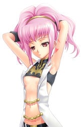 1girls 40010prototype anya_alstreim armpits arms_behind_head arms_up breasts code_geass crop_top expressionless female hairband highres mound_of_venus navel nipple_slip nipples pink_eyes pink_hair simple_background small_breasts solo turtleneck white_background