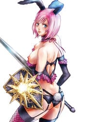 arm_sleeves blue_eyes bunny_ears estellise_sidos_heurassein nipples pink_hair shield sword tagme tales_of_(series) tales_of_vesperia