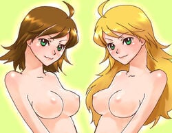 awakened_miki blonde_hair breasts brown_hair dual_persona green_eyes hoshii_miki idolmaster long_hair nude short_hair topless vuipui