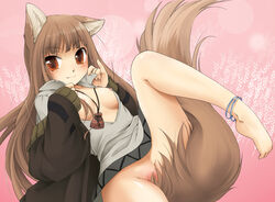 1girls animal_ears barefoot blush bottomless brown_hair clothing feet holo ikuta_takanon long_hair nipple_slip nipples no_panties open_clothes open_shirt pussy_peek red_eyes shirt small_breasts spice_and_wolf tail takanon toe-scrunch toe_scrunch wearing_others_clothes wolf_ears