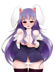 arano_oki bare_shoulders black_legwear blush breasts female highres large_breasts no_pants off_shoulder panties purple_hair red_eyes reisen_udongein_inaba saliva solo thigh_gap thighhighs touhou underwear white_panties wide_hips