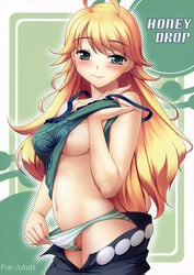 areola areolae blonde_hair blush breasts green_eyes highres hoshii_miki idolmaster kirin_kakeru large_breasts long_hair navel panties panty_pull shirt_lift striped underwear