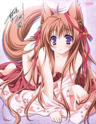 all_fours animal_ears barefoot bell blush brown_hair flat_chest fox_ears fox_tail hair_ribbon hair_ribbons highres japanese_clothes kimono long_hair lump_of_sugar mito_mashiro moekibara_fumitake pink_hair purple_eyes ribbon ribbons signature tail tayutama undressing very_long_hair