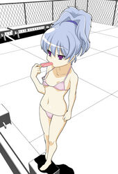 1girls bikini blue_hair darker_than_black face flat_chest miyagoe_yoshitsuki nipple_slip nipples one_breast_out popsicle purple_eyes swimsuit yin yin_(darker_than_black)