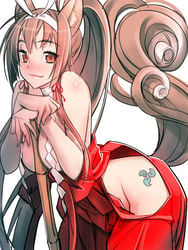 arm_support bare_shoulders bow breasts brown_hair censored choker convenient_censoring fox_ears fox_tail fur gohei hairband hairbow hakama hips japanese_clothes large_breasts leaning_forward long_hair magatama miko no_panties original ponytail red_eyes sanbasou tail tattoo tied_hair topless