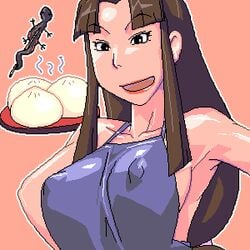 1girls apron baozi breasts brown_hair dumpling erect_nipples female food human large_breasts light-skinned_female light_skin lin_(spirited_away) long_hair lowres matagitii naked_apron pixel_art sideboob solo spirited_away studio_ghibli