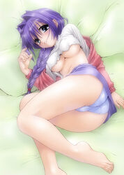 1girls akiko_minase ass barefoot bed bed_sheet blue_eyes blush braid braids breasts cardigan erect_nipples feet female hair_intakes kanon lace-trimmed_panties legs long_hair lying midriff milf minase_akiko miniskirt mitarashi_kousei no_bra off_shoulder on_side panties pillow plait purple_hair shirt shirt_lift single_braid skirt skirt_lift solo sweat thighs trefoil underboob underwear undressing upskirt white_panties