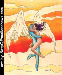 1990s 1999 1boy 1girls 20th_century angel archangel asian blonde_hair blue_skin elizabeth_braddock embrace female fly flying hug interracial kissing male marvel nude psylocke purple_hair satyq sky straight_hair warren_worthington wings x-men