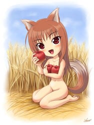 1girls animal_ears apple apples barefoot big_head blush brown_hair chibi completely_nude completely_nude_female cute_fang feet food fruit holding holding_apple holding_fruit holo kagehara_hanzou long_hair nude nude_female nudist outdoors outside red_eyes soles spice_and_wolf tail toes wheat wolf_ears