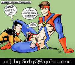 2001 2boys black_hair brown_hair colossal_boy dc erect_nipples exposed_nipples flaccid_penis gay gim_allon large_penis leaning_on_hand legion_of_superheroes legs_held_open male male_only multiple_males no_pupils pants_open pants_pull satyq shirt_up timberwolf yaoi