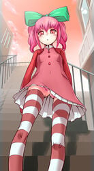 1girls anya_alstreim bow code_geass hair_ribbon hair_ribbons hairbow highres no_panties pink_hair red_eyes ribbon ribbons solo stairs striped striped_legwear striped_thighhighs thighhighs upskirt yukari_(konekonekozou)