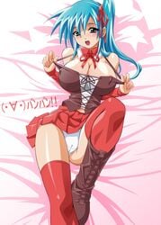 bb blue_hair blush boots breasts divergence_eve huge_breasts kureha_misaki legwear lying panties pantyshot pantyshot_(lying) skirt stockings thighhighs underwear