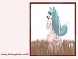 1girls apple apples ark ass back capcom clothing cosplay darkstalkers food fruit holding holding_apple holding_fruit holo holo_(cosplay) large_breasts long_hair morrigan_aensland panties red_eyes spice_and_wolf tail wallpaper wheat wolf_ear