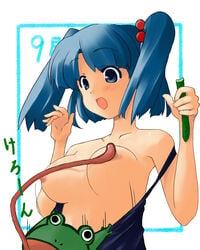 1girls blue_eyes blue_hair blush breasts breasts_apart cucumber female frog hair_bobbles hair_ornament hat long_tongue nipples nitori_kawashiro ribbon ribbons school_swimsuit september solo swimsuit swimsuit_pull tied_hair tongue touhou twintails