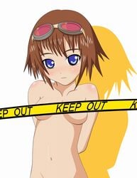 :3 blue_eyes blush bob_cut breasts brown_hair censored goggles mametti namco rita_mordio short_hair tales_of_(series) tales_of_vesperia