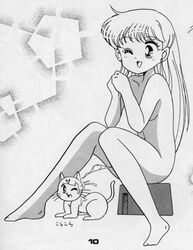 artemis_(sailor_moon) artist_request bishoujo_senshi_sailor_moon cat completely_nude completely_nude_female feline female feral fur human long_hair male minako_aino monochrome one_eye_closed open_mouth open_smile peeing peeing_on_another sitting sitting_pee size_difference smile urinating urinating_female urination urine urine_stream wink