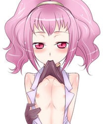 1girls anya_alstreim anya_earlstreim blush breasts code_geass female female_only flat_chest gloves kanya_pyi mouth_hold nipples no_bra open_clothes open_shirt pink_eyes pink_hair shirt shirt_lift solo