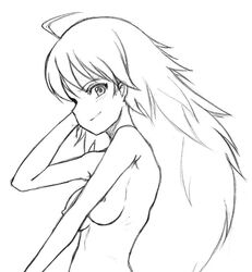 1girls ahoge breasts female hoshii_miki idolmaster long_hair monochrome nude sketch solo tanaka_tanishi