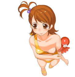 :p a1 bikini breast_slip breasts brown_hair down_blouse from_above futami_ami idolmaster mami_futami nipples one_breast_out short_hair swimsuit tongue undressing