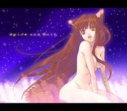 1girls animal_ears armpits breasts brown_hair completely_nude completely_nude_female female holo letterboxed long_hair looking_away medium_breasts night nude nude_female nudist outdoors outside parted_lips red_eyes solo spice_and_wolf tail title_drop usaki wolf_ears