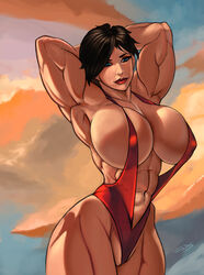 abs armpits arms_behind_back arms_behind_head bikini black_hair blue_eyes breasts busty cleavage extreme_muscles female froches large_breasts mamoru3d muscles muscular muscular_female navel pose solo