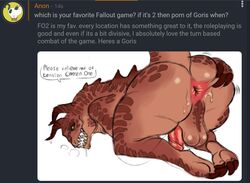 1boy 2018 2019 anthro anus ask_blog ass back bethesda_softworks big_ass blush brown_skin claws deathclaw english_text erection eye_contact fallout fallout_4 feet gay goris half-closed_eyes heavy_breathing hi_res horns huge_ass looking_at_viewer looking_back male male_deathclaw_(fallout) male_only monster nude open_mouth penis presenting presenting_hindquarters reptile roly scalie simple_background smile solo sweat teeth testicles thick_thighs tongue video_games wet wide_hips yellow_eyes