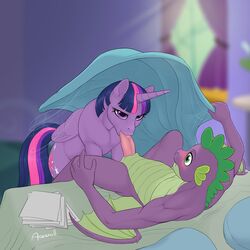 2019 aged_up alicorn anthro arareroll bed blurred_background blush cutie_mark dragon duo equid eye_contact fellatio_from_feral female feral friendship_is_magic green_eyes hi_res horn inside interspecies looking_at_another male male_on_feral mammal membranous_wings my_little_pony nude oral paper penis sex spike_(mlp) twilight_sparkle_(mlp) wings