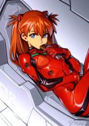 1girls asuka_langley_sohryu blue_eyes bodysuit breasts candy chocolate clothes clothing cockpit eating entry_plug female female_only food human latex looking_at_viewer mouth_hold neon_genesis_evangelion on_back optionaltypo orange_hair pilot_suit plugsuit red_hair skin_tight solo