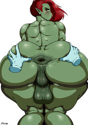 1futa aknedion ass ass_grab back_muscles back_view backsack balls beanz futa_only futanari green_skin hairy hairy_anus hairy_balls intersex large_ass muscles nude orc orc_futanari punk red_hair septum_piercing worship