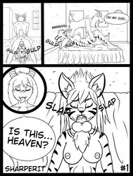 anthro asriel_dreemurr breasts comic deep_throat fan_character felid feline female gagged_speech gulp hair hi_res line_art mammal nipples nude oral oral_sex pantherine sady sharperit swallowing_penis_while_deepthroat throat_fuck tiger tight_throat undertale upside-down video_games