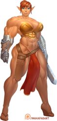 1futa abs bare_shoulders big_muscles blue_eyes breasts brown_hair bulge busty futa_only futanari gloves intersex large_breasts loincloth looking_at_viewer moxy_(character) muscles muscular muscular_futanari navel sandals solo_futa sword thick_thighs thong wahafagart weapon