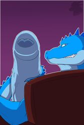 armchair blue_scales blue_sclera chair crocodile crocodilian dahurgthedragon erection foreskin gay humanoid_penis hyper hyper_penis large_foreskin looking_away male penis purple_pupils reptile scales scalie simple_background sitting smile smith solo spikes teeth uncut vein veiny_penis watermark