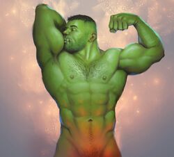 1boy abs bara body_hair celery_man6 flexing green_skin kissing male male_only muscular muscular_male orc orc_male solo solo_male